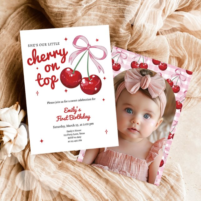 Cherry On Top Coquette Bow Pink Girl Birthday Invitation (Creator Uploaded)