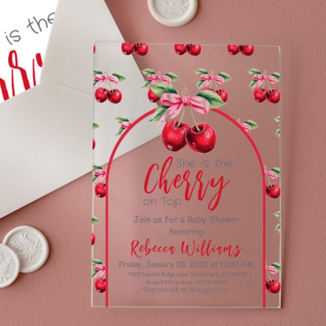 Cherry on Top Coquette Pink Bow Girl Baby Shower Acrylic Invitations (Creator Uploaded)