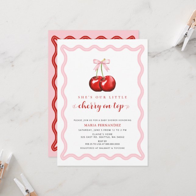 Cherry on Top Coquette Pink Bow Girl Baby Shower Invitation (Front/Back In Situ)