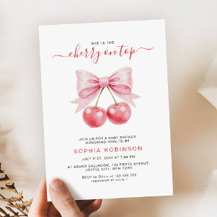 Cherry On Top Coquette Pink Bow Girl Baby Shower Invitation