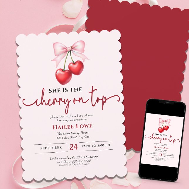 Cherry On Top Custom Coquette Pink Bow Baby Shower Invitation (Creator Uploaded)
