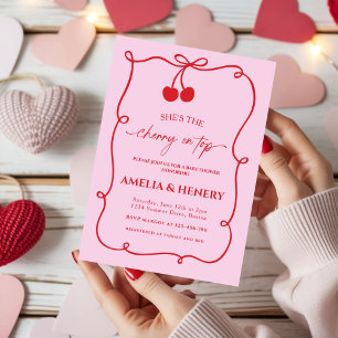Cherry on Top Doodle Bow Girl Baby Shower Invitation