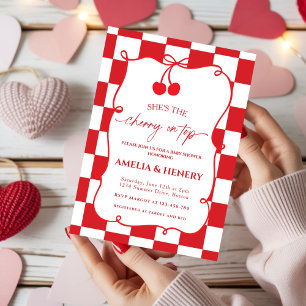 Cherry on Top Doodle Bow Girl Baby Shower  Invitation