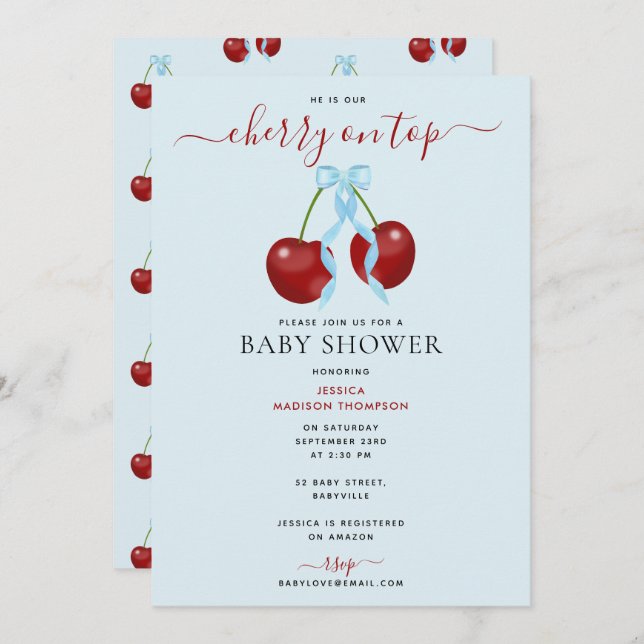 Cherry On Top Modern Baby Shower Blue Bow Boy Invitation (Front/Back)