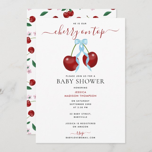 Cherry On Top Modern Baby Shower Blue Bow Boy Invitation (Front/Back)