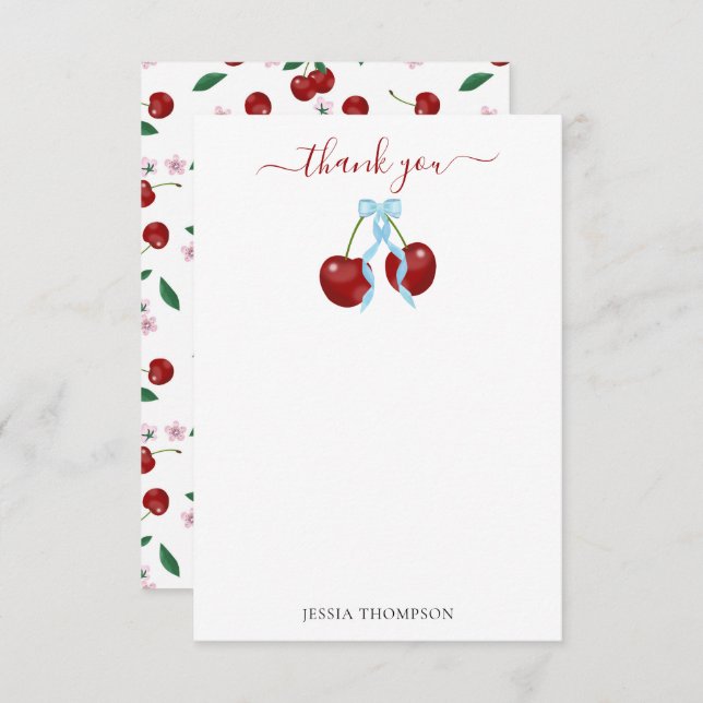 Cherry On Top Modern Baby Shower Blue Bow Boy Thank You Card (Front/Back)