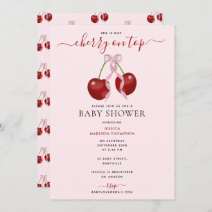 Cherry On Top Modern Baby Shower Pink Bow Girl Invitation