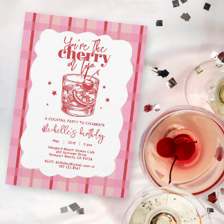 Cherry on Top Old Fashioned Pink Birthday Party Invitation