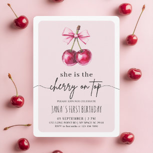 Cherry on Top Pink Birthday Party Invitation