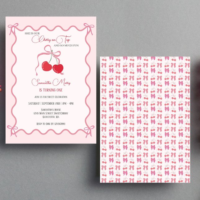 Cherry on Top Pink Bow 1st Birthday  Invitation (Invitations)