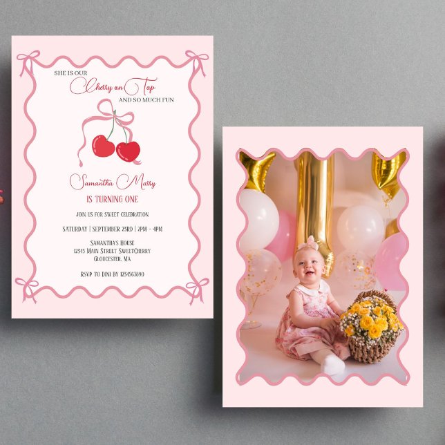 Cherry on Top Pink Bow 1st Birthday Photo Invitation (Creator Uploaded)