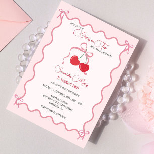 Cherry on Top Pink Bow Any Year Birthday Invitation