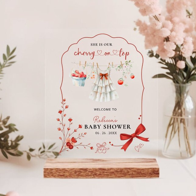 Cherry On Top Pink Bow Baby Girl Shower Welcome  Acrylic Sign (Creator Uploaded)