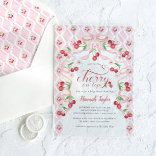 Cherry on Top Pink Bow Baby Shower Acrylic Invitations