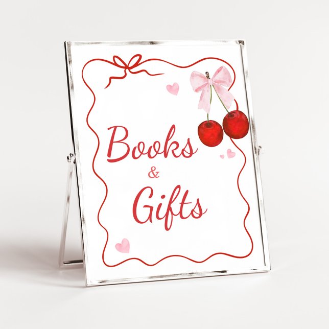 Cherry on Top Pink Bow Baby Shower Books and Gifts Poster (Cherry on Top Baby Shower Books and Gifts Sign)