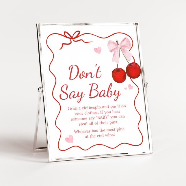 Cherry on Top Pink Bow Baby Shower Don't Say Baby Poster (Cherry on Top Baby Shower Don't Say Baby Sign)