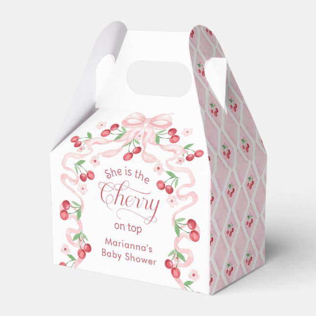 Cherry on Top pink Bow Baby shower Favour Box (Front Side)