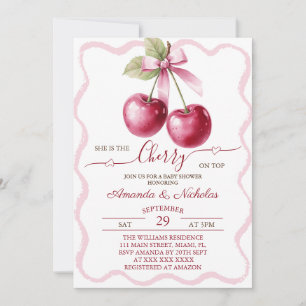 Cherry On Top Pink Bow Baby Shower Invitation
