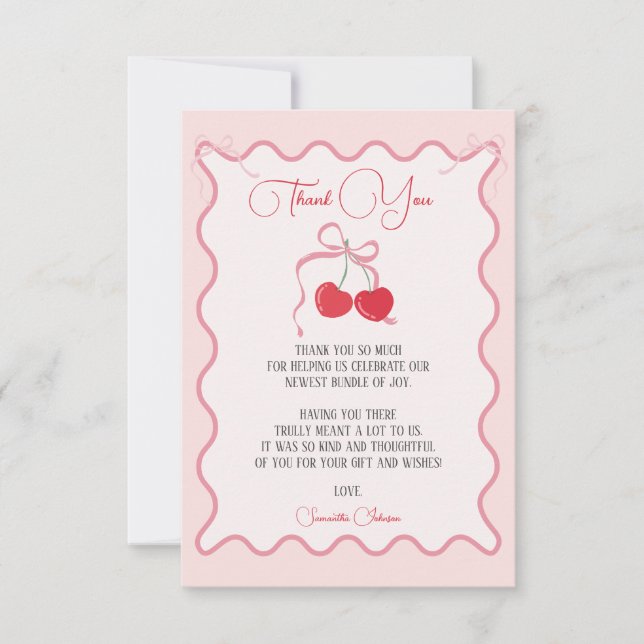 Cherry on Top Pink Bow Baby shower Thank You Card (Front)