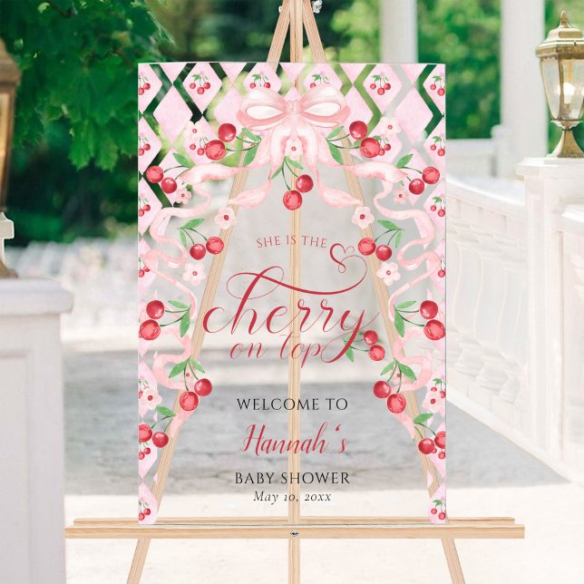 Cherry on Top Pink Bow Baby Shower Welcome Acrylic Sign (Creator Uploaded)
