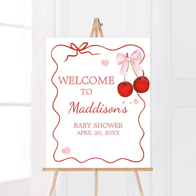 Cherry on Top Pink Bow Baby Shower Welcome Poster (Cherry on Top Baby Shower Welcome Sign)