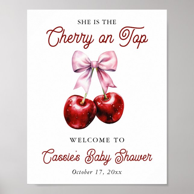 Cherry On Top Pink Bow Baby Shower Welcome Sign (Front)