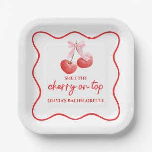 Cherry on Top Pink Bow Bachelorette Paper Plate
