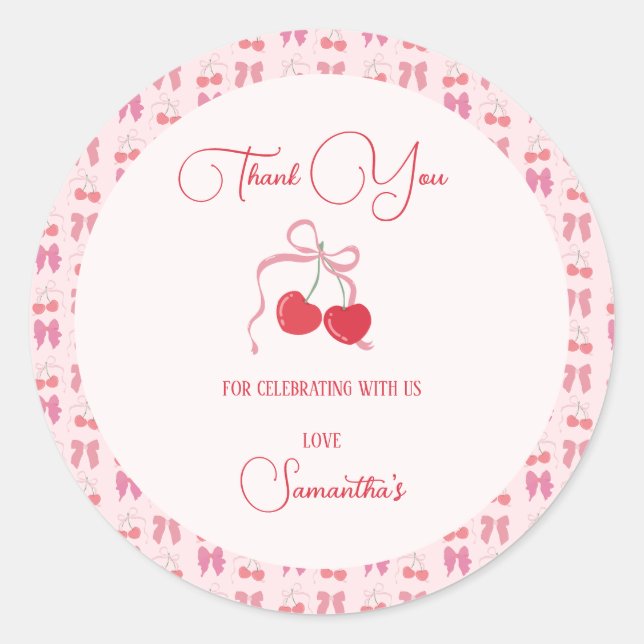 Cherry on Top Pink Bow Birthday  Classic Round Sticker (Front)