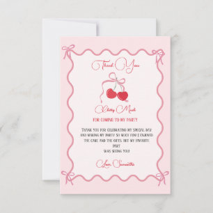 Cherry on Top Pink Bow Birthday Thank You Card