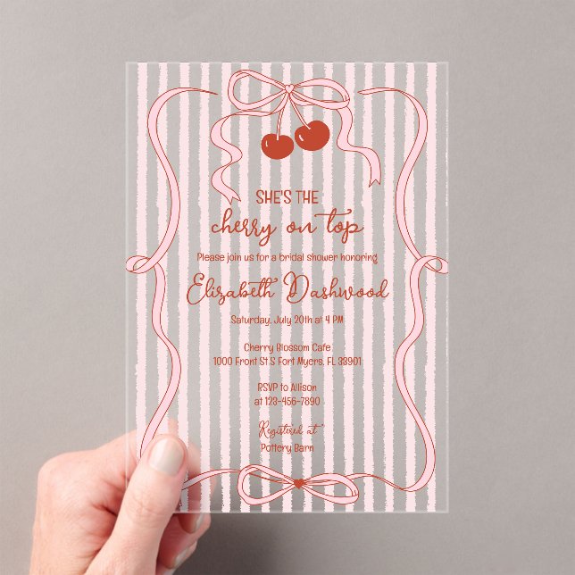 Cherry on Top Pink Bow Classy Stripes Bridal Showe Acrylic Invitations (Insitu (Handheld))