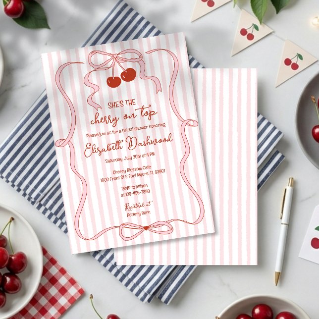Cherry on Top Pink Bow Classy Stripes Bridal Showe Invitation (Creator Uploaded)