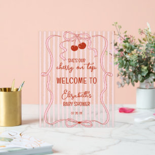 Cherry on Top Pink Bow Classy Stripes Welcome Acrylic Sign