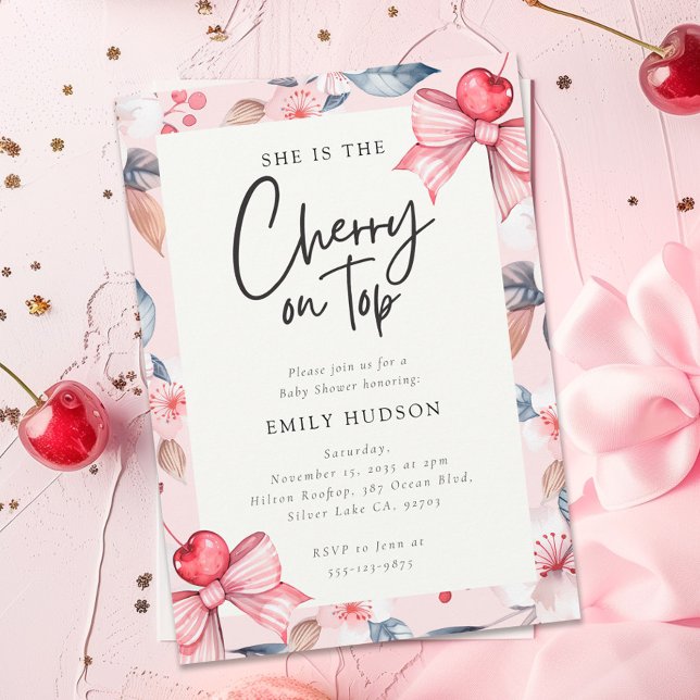 Cherry on Top Pink Bow Coquette Baby Shower Invitation (Creator Uploaded)
