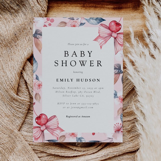 Cherry on Top Pink Bow Coquette Baby Shower Invitation (Creator Uploaded)