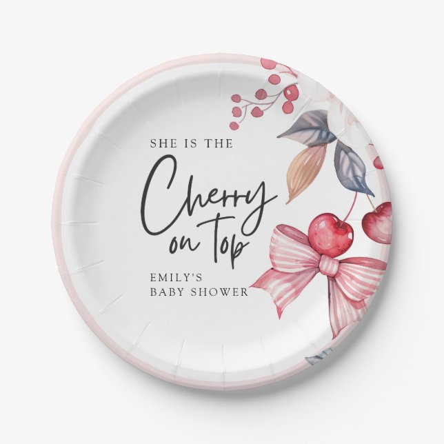Cherry on Top Pink Bow Coquette Baby Shower Paper Plate (Front)