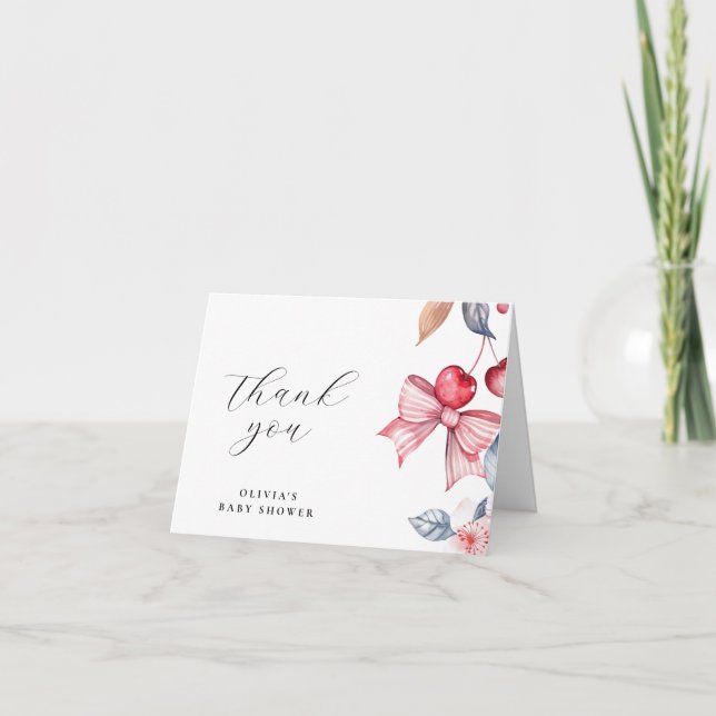 Cherry on Top Pink Bow Coquette Baby Shower Thank You Card (Front)