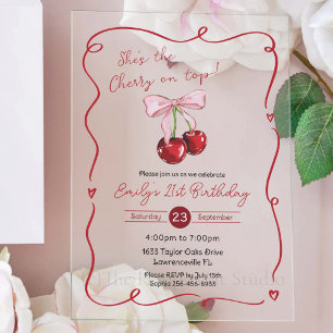Cherry on Top Pink Bow Coquette Birthday Acrylic Invitations