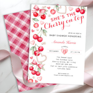 Cherry on Top – Pink Bow & Gingham Baby Shower  Invitation