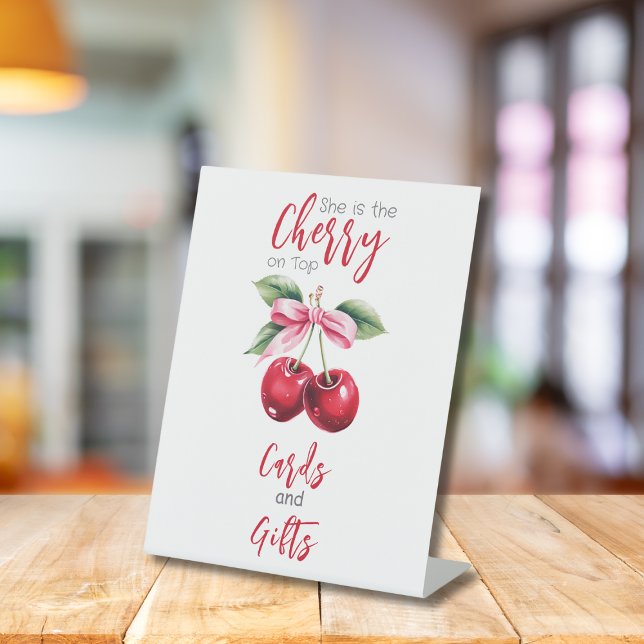 Cherry on Top Pink Bow Girl Baby Shower Cards Pedestal Sign (Creator Uploaded)