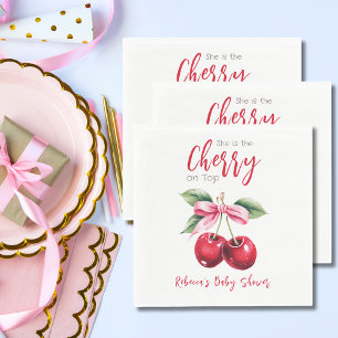 Cherry on Top Pink Bow Girl Baby Shower Napkin