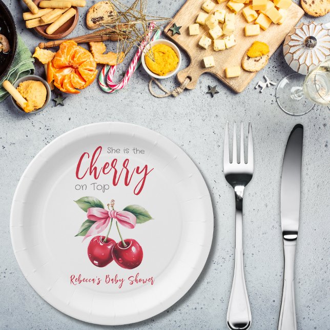 Cherry on Top Pink Bow Girl Baby Shower Paper Plate (Creator Uploaded)