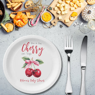 Cherry on Top Pink Bow Girl Baby Shower Paper Plate