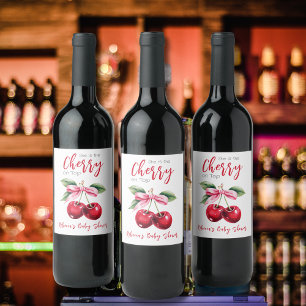 Cherry on Top Pink Bow Girl Baby Shower Wine Label