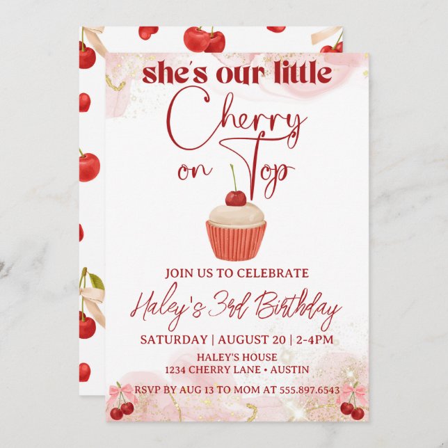 Cherry On Top Pink Bow Girl Birthday Invitation (Front/Back)