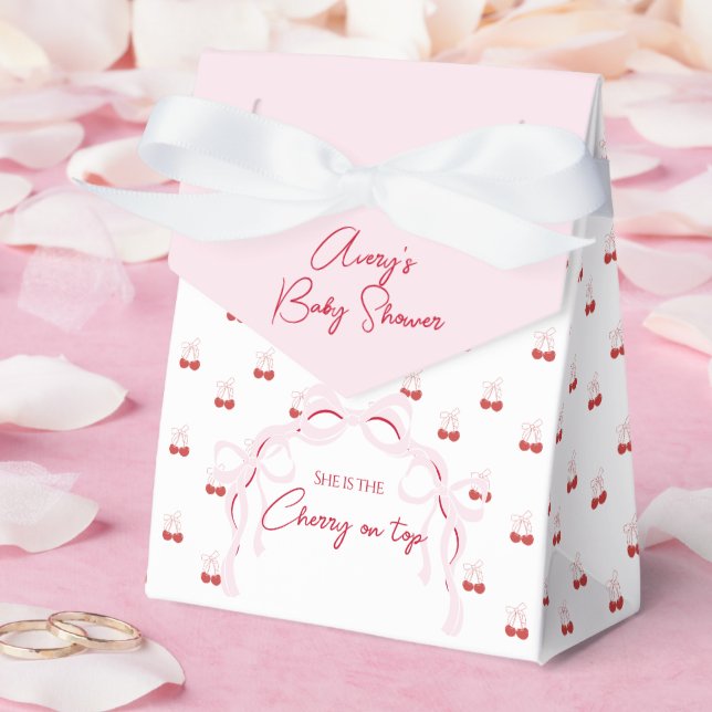 Cherry on Top Pink Bow Red Baby Girl Shower Favour Box (Wedding)