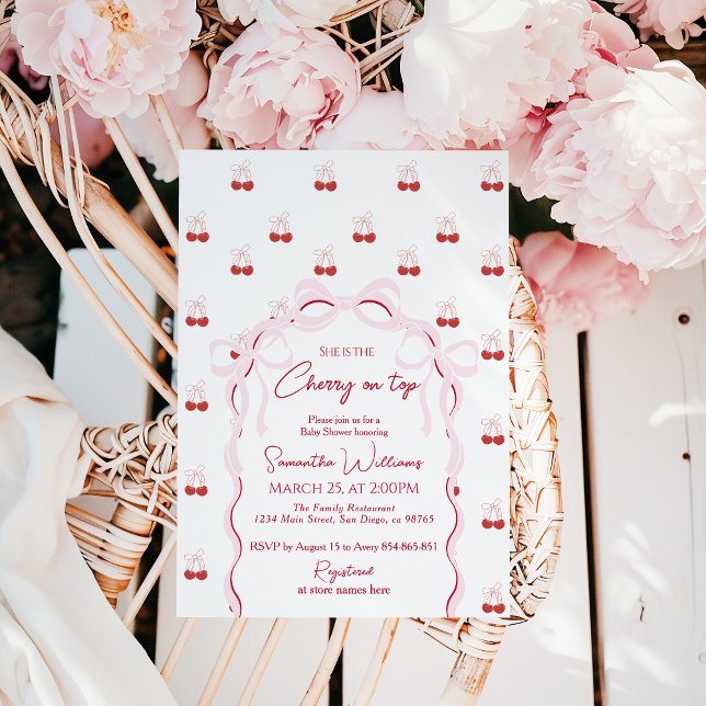 Cherry on Top Pink Bow Red Baby Girl Shower Invitation (Creator Uploaded)
