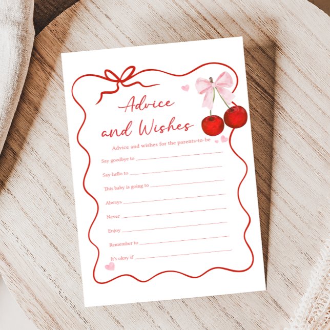 Cherry on Top Pink Bow Shower Advice & Wishes Game (Coquette Cherry on Top Baby Shower Game)