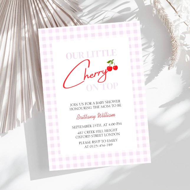 Cherry on Top Pink Chequered Girl Baby Shower Invitation (Creator Uploaded)