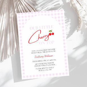 Cherry on Top Pink Chequered Girl Baby Shower Invitation