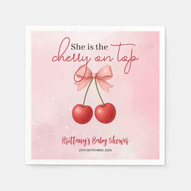 Cherry on Top Pink Girl Baby Shower  Napkin (Front)